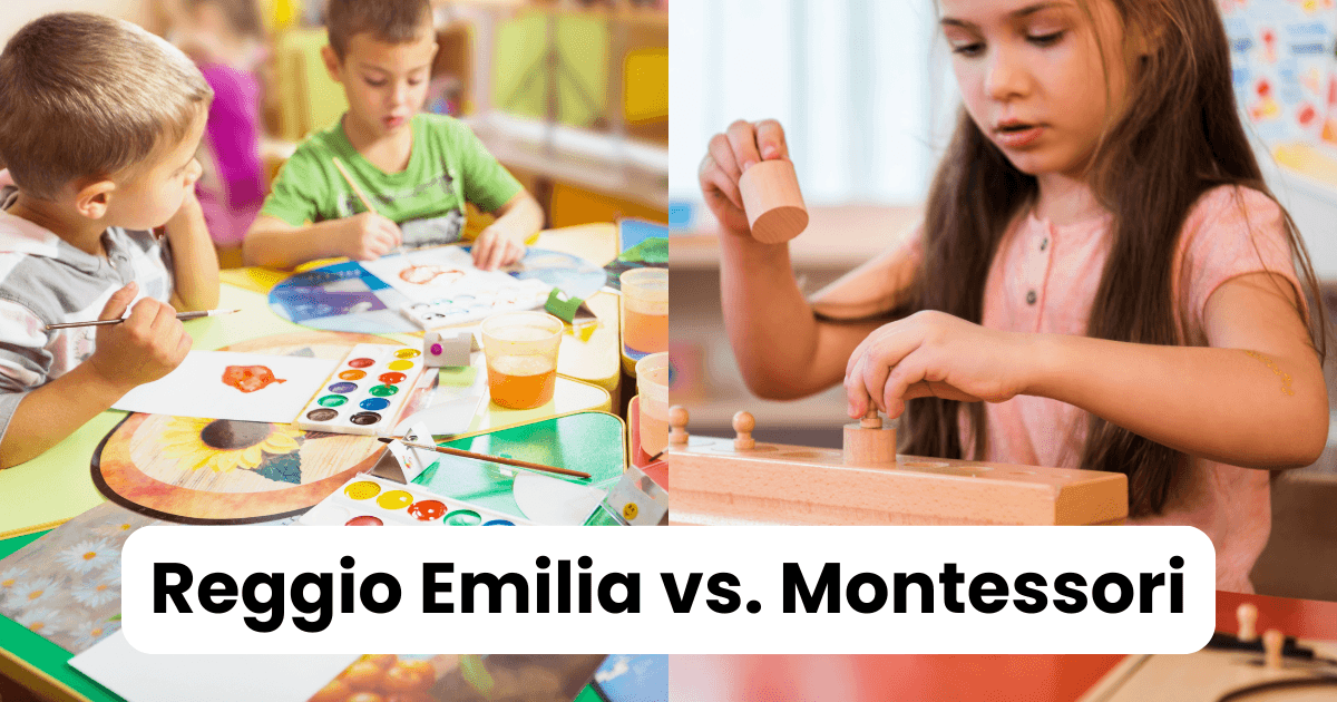 Two images side by side: on the left, young children paint and do crafts; on the right, a girl concentrates on a wooden Montessori activity. Explore the differences between Reggio Emilia vs Montessori at the bottom of the image.