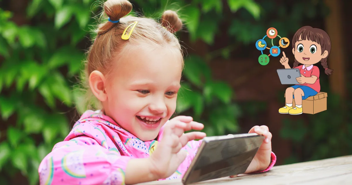 A young girl with blonde hair in pigtails smiles and uses a tablet outdoors. Next to her, a cartoon of a girl with a laptop is surrounded by floating app icons—perfect for exploring the best educational apps for toddlers against a leafy background.