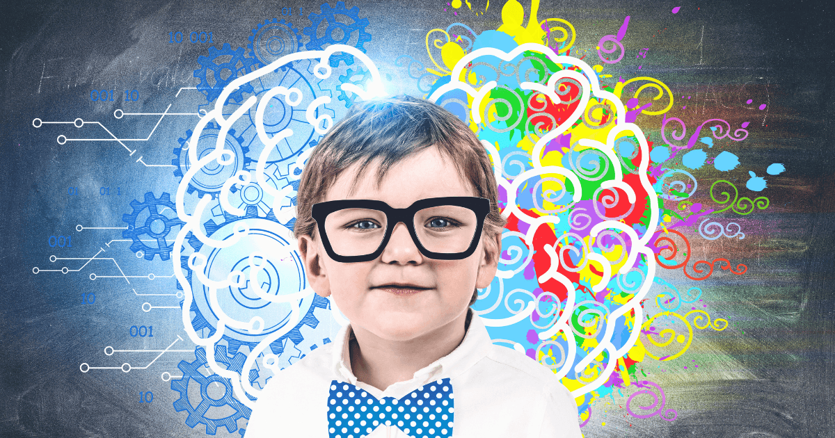 A young child wearing glasses and a blue polka-dot bow tie stands in front of a chalkboard with a brain illustration, highlighting brain development at 3—the left side is mechanical and blue, the right side is colorful and creative.