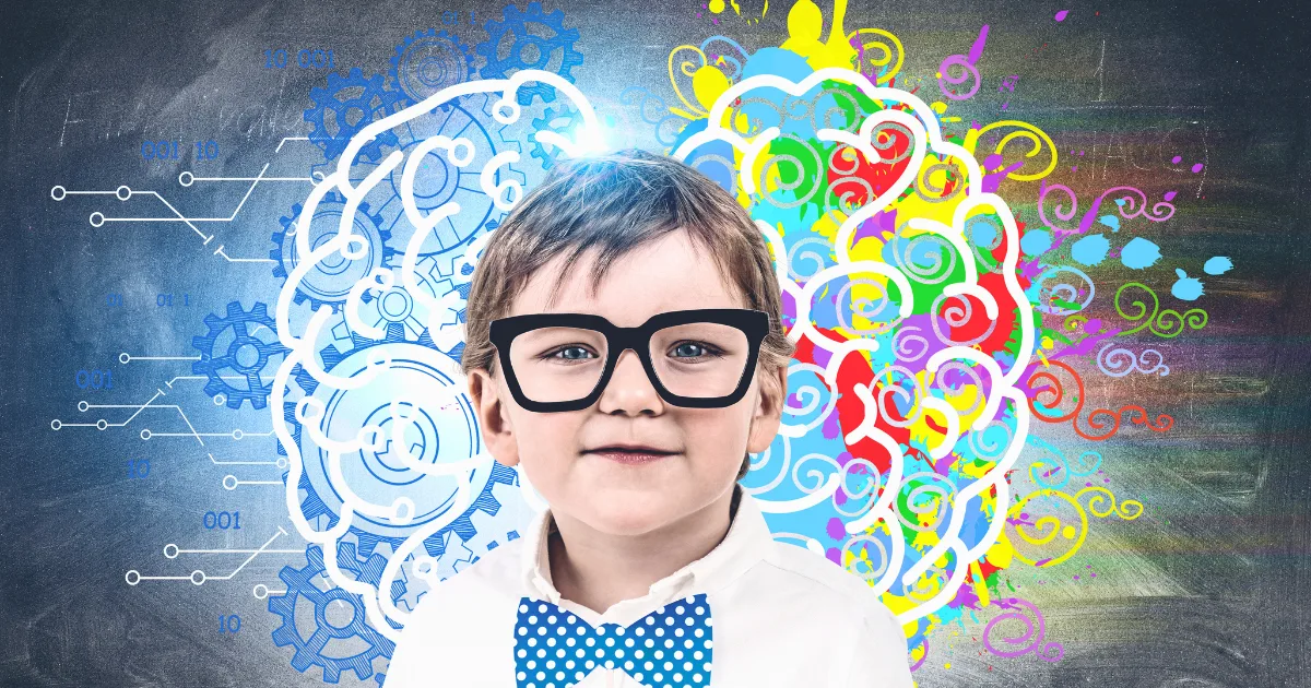 A young child wearing glasses and a blue polka-dot bow tie stands in front of a chalkboard with a brain illustration, highlighting brain development at 3—the left side is mechanical and blue, the right side is colorful and creative.