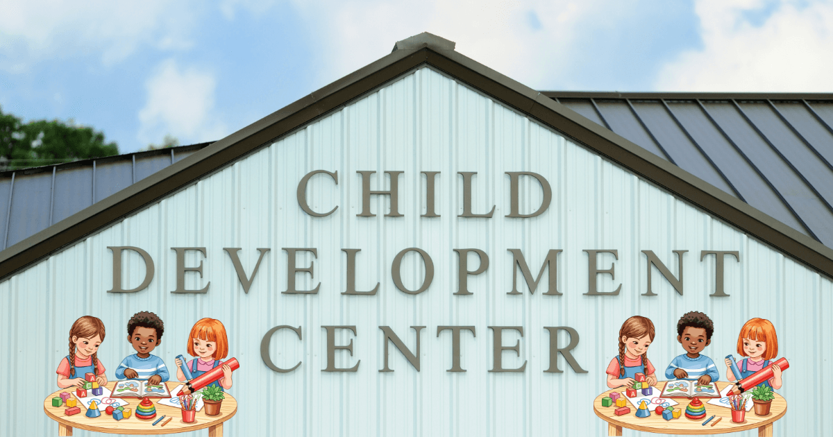 A building with a sign reading Child Development Center on the facade. Cartoon illustrations of diverse children playing with art supplies and toys appear in the corners, suggesting the warmth of child development centers near me.