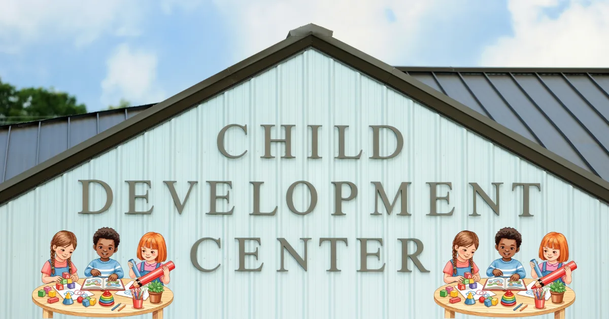 A building with a sign reading Child Development Center on the facade. Cartoon illustrations of diverse children playing with art supplies and toys appear in the corners, suggesting the warmth of child development centers near me.