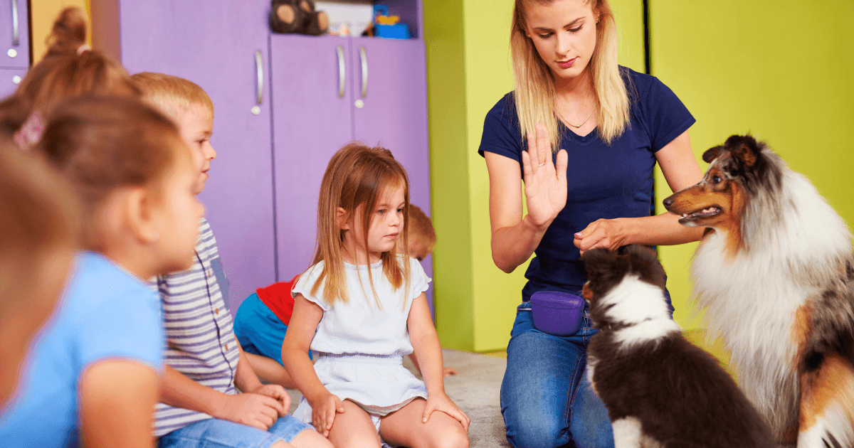 A woman is training two classroom pets while sitting on the floor with a group of young children in a colorful room. The children watch attentively as she holds up her hand, giving the dogs a command.