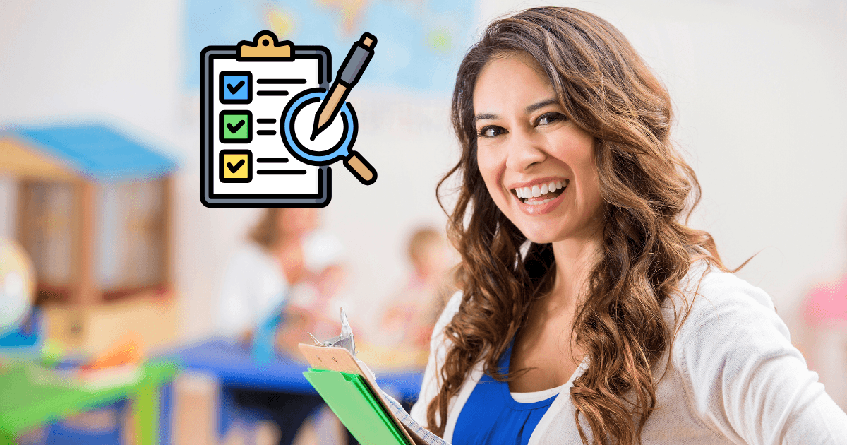 A smiling woman holds a clipboard in a classroom setting, with children blurred in the background. A graphic of a checklist, magnifying glass, and digital assessment tools is overlaid on the left side of the image.