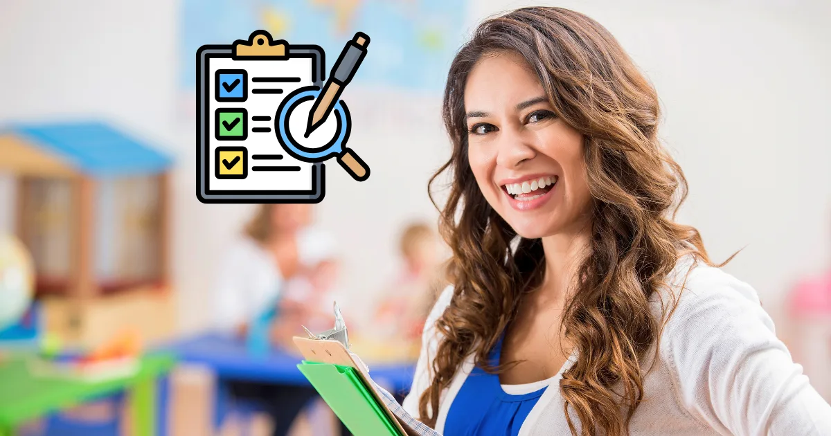 A smiling woman holds a clipboard in a classroom setting, with children blurred in the background. A graphic of a checklist, magnifying glass, and digital assessment tools is overlaid on the left side of the image.