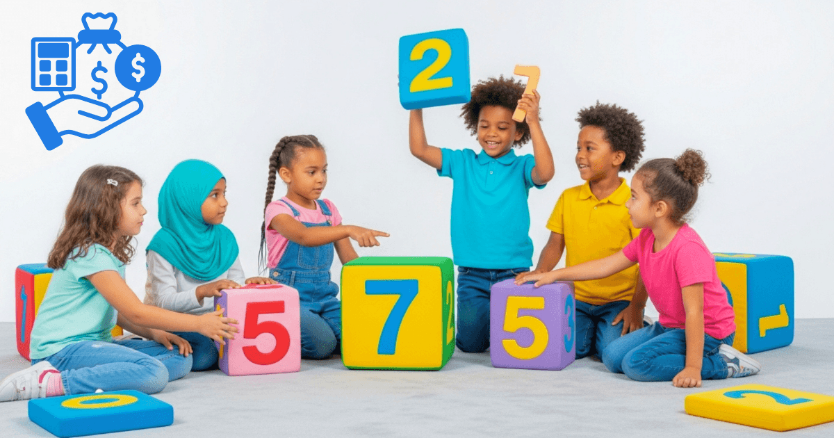 Six children sit and play with large colorful blocks featuring numbers, smiling and interacting. In the top left corner, a blue icon shows a hand holding a money bag, calculator, and dollar coin—hinting at early lessons in budgeting.