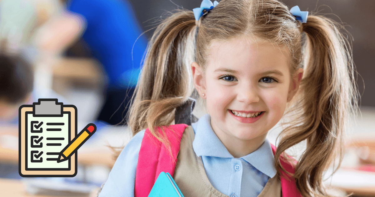 Smiling young girl with pigtails and a pink backpack holding notebooks, standing in a classroom. A clipboard with a checklist and pencil icon is overlaid, highlighting a kindergarten readiness checklist.