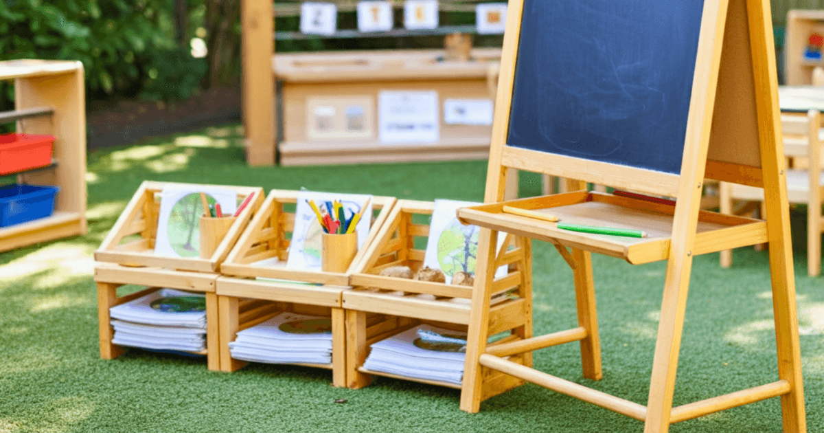 Outdoor preschool classroom scene with a wooden easel and chalkboard, bins of picture books, colored pencils, and activity supplies arranged on artificial grass; shelves and greenery visible in the background.