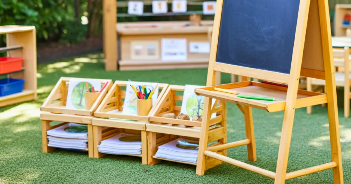 Outdoor preschool classroom scene with a wooden easel and chalkboard, bins of picture books, colored pencils, and activity supplies arranged on artificial grass; shelves and greenery visible in the background.