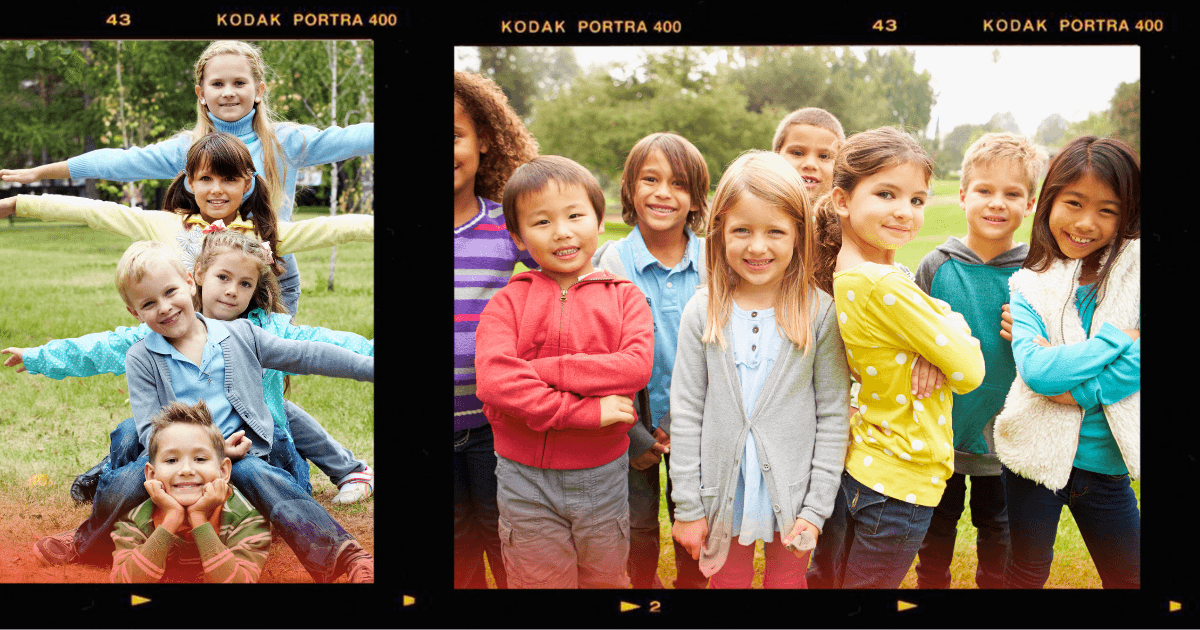 Two photos of diverse, smiling children outdoors offer vibrant photo documentation—on the left, kids form a playful human pyramid on grass, while on the right, a group stands closely together facing the camera and smiling.