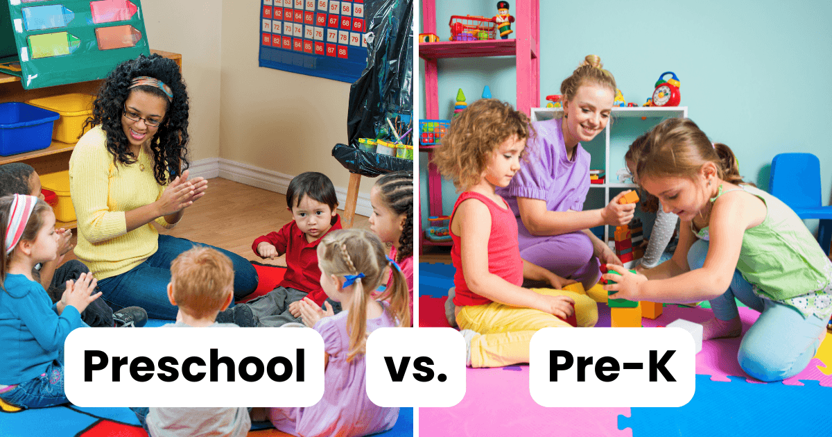 Split image: On the left, a teacher sits on the floor with young children in a classroom labeled “Preschool.” On the right, a teacher helps kids build with blocks in a colorful “Pre-K” area. Text reads Preschool and Pre-K: What’s the difference?.