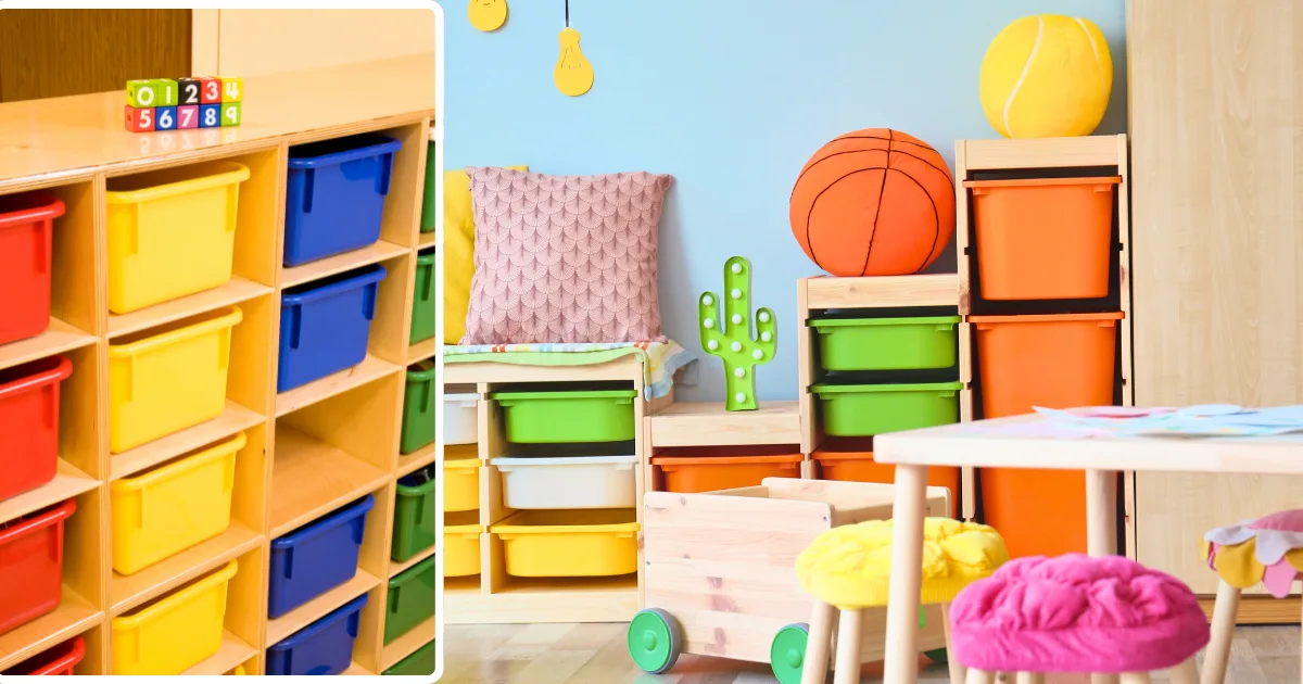 A colorful classroom or playroom featuring smart storage solutions with stacked bins in yellow, blue, green, orange, and red, playful stools, a cactus lamp, cozy cushions, and soft toys shaped like a basketball and tennis ball.