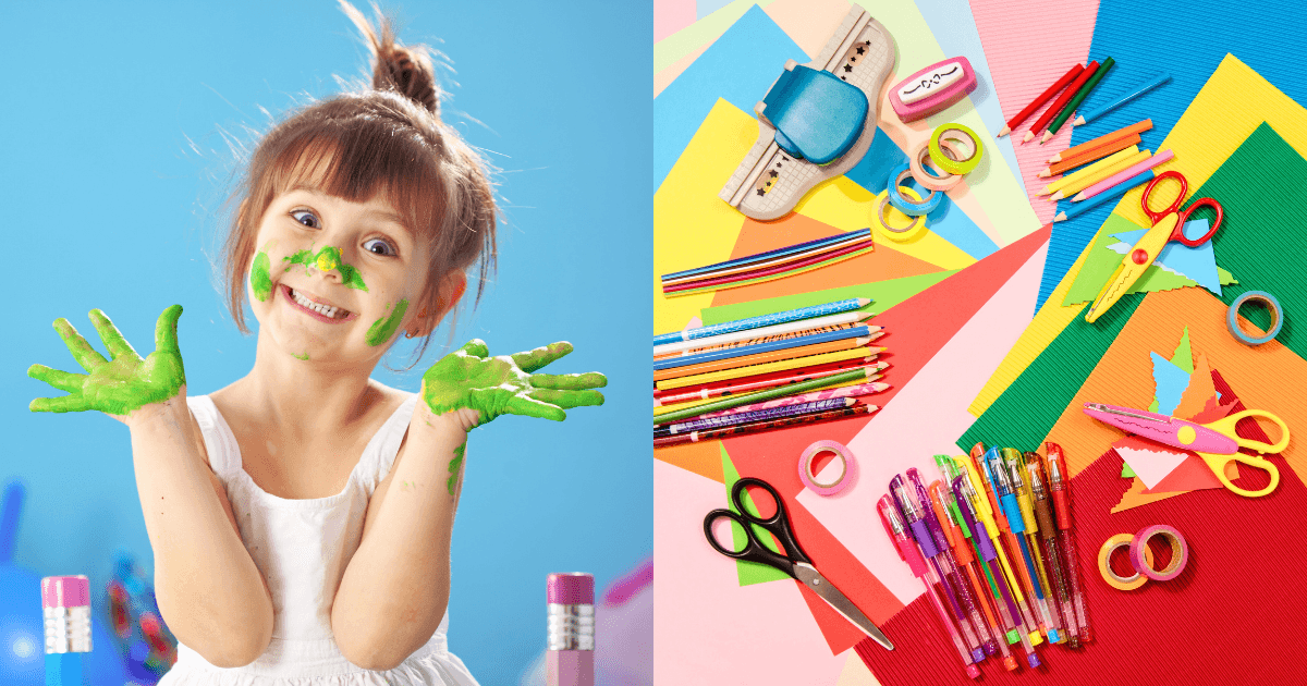 A child with green paint on her hands and face smiles joyfully on the left. On the right, colorful art supplies for process art and crafts—scissors, pencils, markers, and paper—are arranged on a vibrant background.