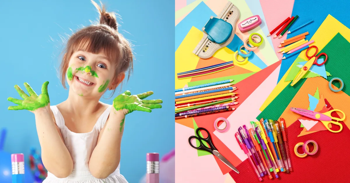 A child with green paint on her hands and face smiles joyfully on the left. On the right, colorful art supplies for process art and crafts—scissors, pencils, markers, and paper—are arranged on a vibrant background.