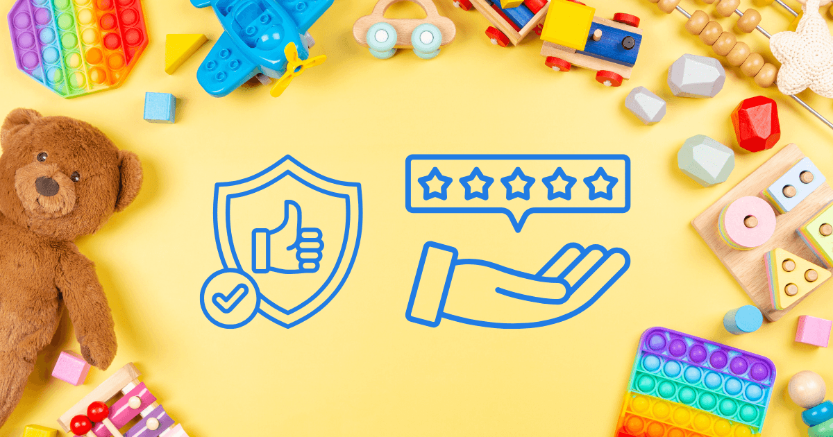 A variety of colorful children's toys surround two blue icons on a yellow background: a shield with a thumbs-up and a hand holding a five-star rating, symbolizing trusted quality rating systems like QRIS.