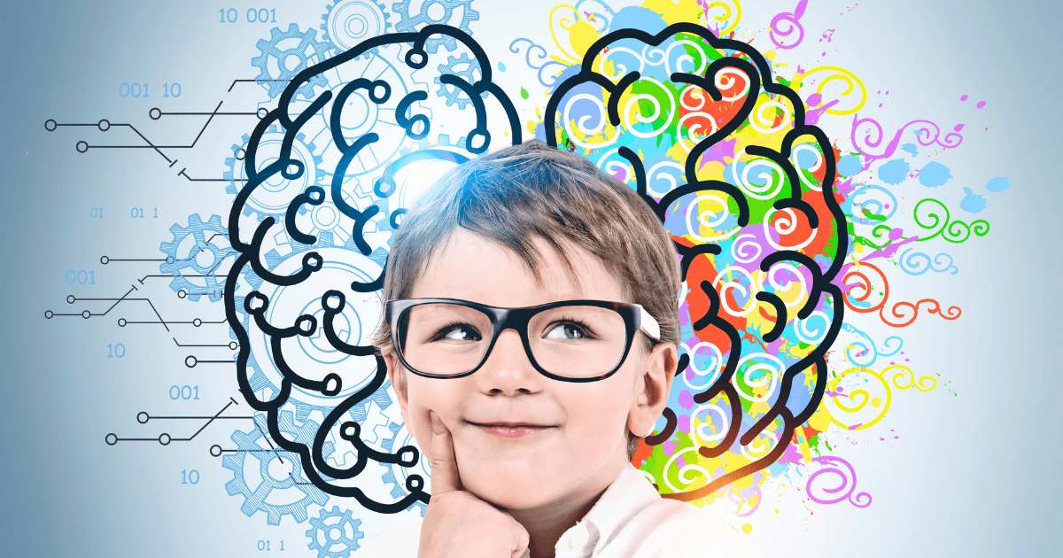 A smiling child wearing glasses touches their chin thoughtfully. Behind them is a drawing of a brain—its left side in blue with gears and circuits, and its right in colorful swirls—reflecting the science of early learning.