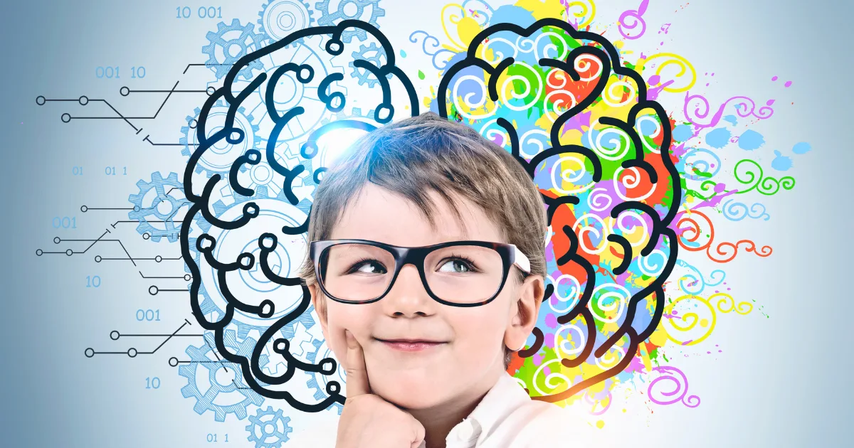 A smiling child wearing glasses touches their chin thoughtfully. Behind them is a drawing of a brain—its left side in blue with gears and circuits, and its right in colorful swirls—reflecting the science of early learning.