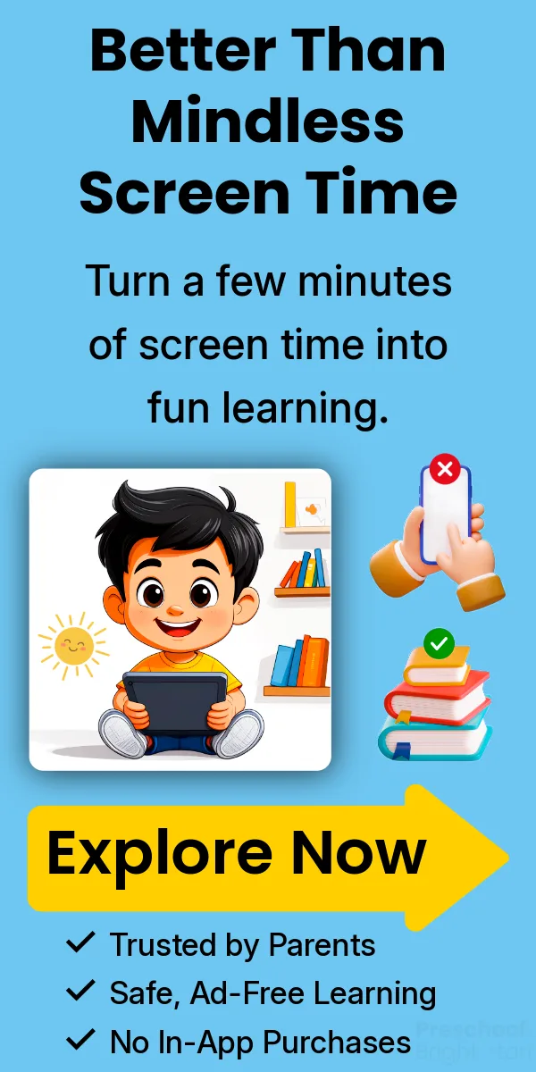 A cheerful boy uses a tablet, surrounded by educational icons. Text promotes fun, safe, ad-free learning as better than mindless screen time and encourages exploring now.