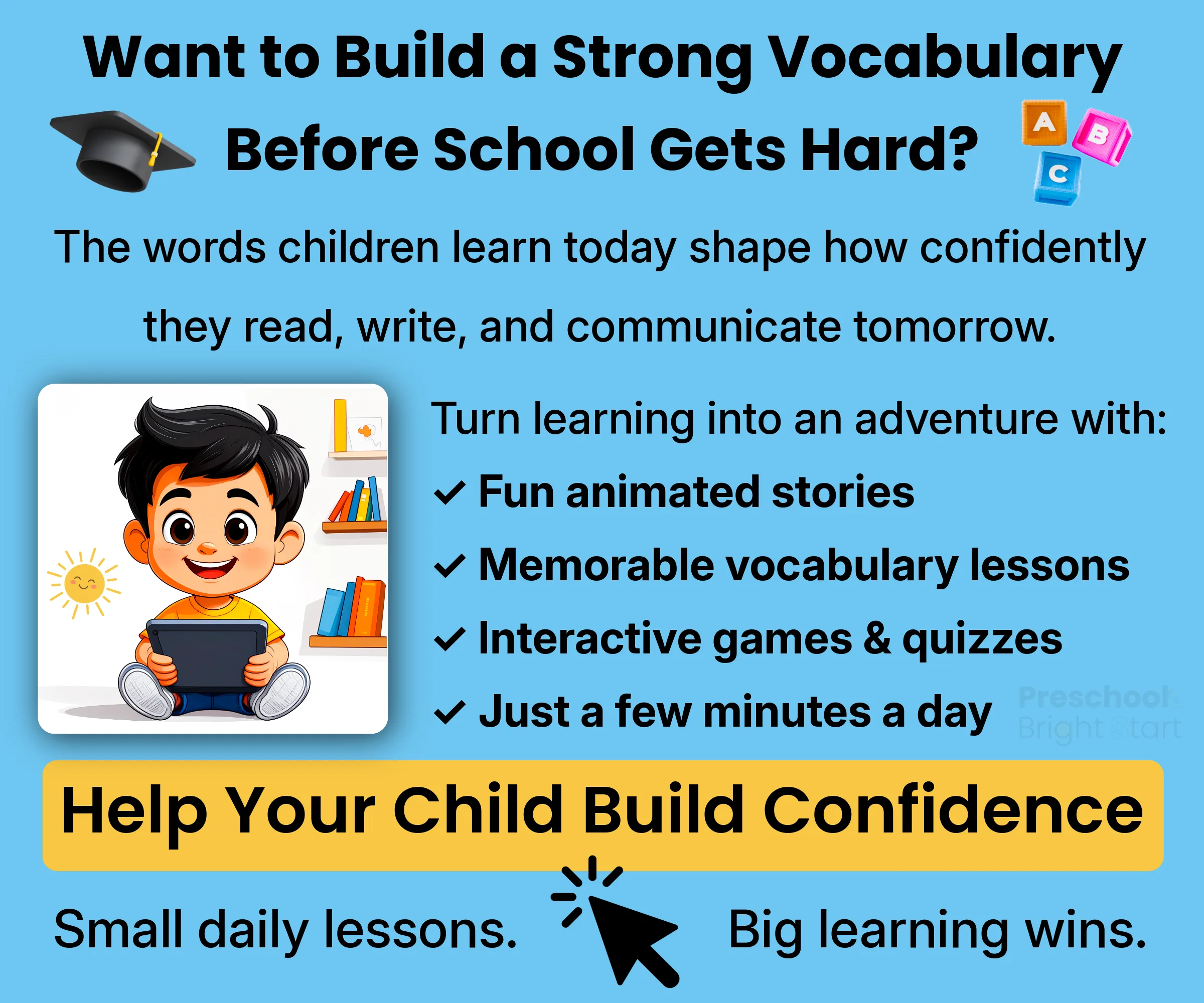 A smiling child with a tablet sits next to a checklist about building vocabulary, featuring tips like fun stories, interactive games, and daily lessons to help boost children’s confidence before school gets harder.
